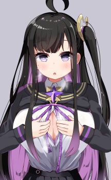 Rule 34 | 1girl, absurdres, ahoge, black hair, black shirt, black skirt, blush, bra, breasts, chitose (stella sora), commentary request, highres, hozumi ruku, large breasts, looking at viewer, open mouth, pleated skirt, purple eyes, shirt, side ponytail, skirt, solo, stella sora, underwear, white shirt