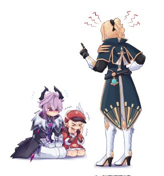 &gt;_&lt; 1boy 2girls backpack bag blonde_hair boots coat commentary cowlick dragon_horns dress english_commentary facing_another flying_sweatdrops full_body gloves hand_on_own_hip hat hat_feather high_heel_boots high_heels high_ponytail highres horns index_finger_raised index_fingers_together jean_(genshin_impact) jean_(gunnhildr&#039;s_legacy)_(genshin_impact) klee_(genshin_impact) long_hair long_sleeves looking_down mini_durin_(genshin_impact) mini_durin_(human)_(genshin_impact) multiple_girls nervous nervous_sweating pants partially_shaded_face pointy_ears ponytail purple_hair ranruns6308 scolding seiza sitting standing sweat tearing_up trembling vision_(genshin_impact)