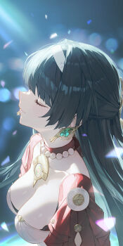 1girl astra_yao black_hair blue_background blurry blurry_background breasts closed_eyes closed_mouth collarbone commentary earrings english_commentary from_side hair_intakes hairband hiera12 highres jacket jewelry large_breasts light_smile long_hair necklace pearl_necklace red_jacket red_shrug shrug_(clothing) solo uneven_bangs upper_body white_hairband zenless_zone_zero