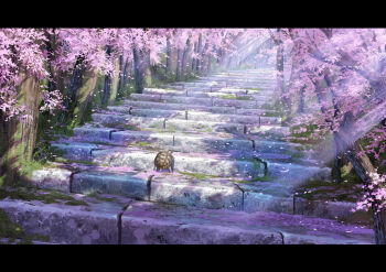 absurdres animal animal_focus bush cherry_blossoms commentary_request day falling_petals highres light_rays moss no_humans original outdoors petals pink_petals scenery stairs sumassha_t_t tortoise tree turtle