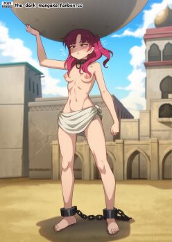 Rule 34 | 1girl, barefoot, bdsm, bondage, bound, breasts, collar, feet, full body, magi the labyrinth of magic, morgiana, nipples, red hair, slave, solo, the dark mangaka