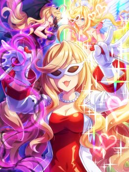 Rule 34 | 1girl, absurdres, angel, angel and devil, angel wings, anshinzawa sasami, artist request, ass, bare shoulders, bead necklace, beads, black-framed eyewear, black dress, black horns, black tail, black wings, blonde hair, blue eyes, breasts, closed mouth, commentary, cowboy shot, demon girl, demon horns, demon tail, demon wings, dress, eyelashes, feathered wings, floating hair, game cg, glasses, gloves, heart, highres, holding, holding needle, horns, jewelry, lab coat, lapels, large breasts, light particles, lipstick, long hair, long sidelocks, long sleeves, looking at viewer, looking back, magic, makeup, multiple views, necklace, needle, notched lapels, official art, opaque glasses, open mouth, pink dress, pink gloves, pink lips, purple background, red dress, removing eyewear, short dress, sidelocks, smile, sparkle, split theme, spread wings, strapless, strapless dress, sunglasses, swept bangs, tail, third-party source, two-tone background, umamusume, very long hair, wavy hair, white-framed eyewear, white gloves, white wings, wings, yellow background