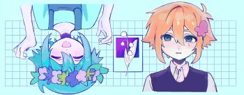 2boys antenna_hair basil_(faraway)_(omori) basil_(headspace)_(omori) basil_(omori) black_sweater_vest blonde_hair blue_eyes blue_overalls blush closed_eyes collared_shirt colored_skin crying crying_with_eyes_open dual_persona flower green_hair green_shirt hair_flower hair_ornament head_wreath highres male_focus multiple_boys omori open_mouth overalls shirt short_hair short_sleeves smile sweater_vest t-shirt tears tokkooyaku white_shirt white_skin