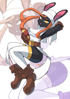 1girl 2025 bare_shoulders black_fur book boots borrowed_character breasts brown_boots brown_gloves commentary corviwing detached_collar dress english_commentary female_focus full_body gloves gold_trim groin headdress highres holding holding_book mage_bun_(niking) orange_hair original parted_lips pelvic_curtain rabbit_ears sidelocks simple_background small_breasts solo thighhighs thighs white_background white_dress white_headdress white_thighhighs yellow_eyes zoom_layer