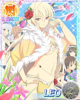 5girls :d ahoge aimu_(senran_kagura) aqua_eyes aquarius_(symbol) aries_(symbol) bikini black_bikini black_hairband blonde_hair blue_eyes blue_sky blush bob_cut border bouquet bracelet breasts brown_eyes brown_hair capelet capricorn_(symbol) card_(medium) character_name cleavage curled_ends curly_hair day dodecagram drill_hair drill_sidelocks english_text falling_petals flower front-tie_bikini_top front-tie_top fur-trimmed_capelet fur_trim gemini_(symbol) ginrei_(senran_kagura) gold_bracelet gold_ring grey_hair hair_between_eyes hair_flower hair_ornament hairband hand_on_own_hip jewelry kurohoro_(senran_kagura) large_breasts leaf leaf_hair_ornament leo_(senran_kagura) leo_(symbol) libra_(symbol) linea_alba long_hair looking_at_viewer micro_bikini multiple_drills multiple_girls navel official_art open_mouth orange_flower orange_rose outdoors petals pink_flower pink_rose pisces_(symbol) purple_eyes purple_flower purple_rose red_flower red_rose rose sagittarius_(symbol) school_emblem school_swimsuit scorpio_(symbol) senran_kagura senran_kagura_new_wave shiny_skin short_hair shuriken side-tie_bikini_bottom sidelocks sky smile sparkle swimsuit syuri_(senran_kagura) taurus_(symbol) thorns twintails very_long_hair virgo_(symbol) weapon yellow_bikini yellow_capelet yellow_flower yellow_rose zodiac_wheel