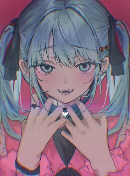 1girl :d absurdres black_mask black_ribbon blue_eyes blue_hair commentary_request ear_piercing facial_mark fangs frilled_shirt frills hair_ornament hair_ribbon hatsune_miku heart heart_facial_mark heart_hair_ornament heremia highres jirai_kei long_hair mask_pull open_mouth piercing pink_background pink_shirt ribbon shirt smile solo teeth twintails undershirt vampire_(vocaloid) vocaloid