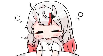 1girl =_= blush_stickers chibi closed_eyes facing_viewer gradient_hair grey_hair highres hololive horns long_hair mochimiko multicolored_hair nakiri_ayame oni red_hair shirt short_sleeves simple_background sleepy solo streaked_hair under_covers upper_body very_long_hair virtual_youtuber waking_up white_background white_shirt yurie_mouth