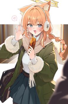 1girl absurdres animal_ear_fluff animal_ears bag black_bag black_skirt blue_archive blue_eyes blush brown_coat brown_scarf cat_ears cat_girl coat commentary_request food fur-trimmed_sleeves fur_trim hair_intakes halo heart highres holding holding_food long_hair looking_at_viewer mari_(blue_archive) muo_(muojjang_0929) open_clothes open_coat open_mouth orange_hair pleated_skirt ribbed_sweater roasted_sweet_potato scarf shoulder_bag skirt smile solo spoken_heart sweater sweet_potato white_sweater winter_clothes yellow_halo