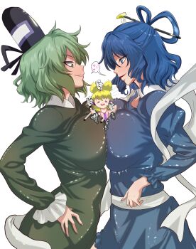 Rule 34 | 3girls, absurdres, asymmetrical docking, black hat, blue eyes, blue hair, breast press, breasts, commentary request, eye contact, gekiwaru studio, green eyes, green hair, hagoromo, hair ornament, hair rings, hair stick, hand on own hip, hat, highres, kaku seiga, large breasts, looking at another, multiple girls, shawl, short hair, smile, soga no tojiko, symmetrical docking, ten desires, touhou, toyosatomimi no miko, white background