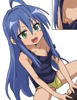 1girl :d ahoge bad_id bad_twitter_id blue_hair blue_tank_top collarbone controller female_focus flat_chest game_controller green_eyes highres izumi_konata loli long_hair lucky_star mole mole_under_eye multiple_views nipples no_panties open_mouth partially_visible_vulva playing_games shorts simple_background smile strap_slip tamaya tank_top upshorts white_background yellow_shorts