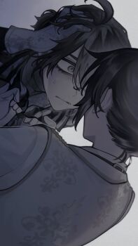 2boys 9csgi ahoge bandaged_neck bandages brown_hair clothes_grab dual_persona facing_away fang gloves grey_eyes grey_theme hand_in_own_hair highres identity_v looking_at_another lower_eyelashes_only luca_balsa luca_balsa_(graduation_day) male_focus multiple_boys official_alternate_costume ponytail portrait protected_link shirt sidelocks striped_clothes striped_shirt sweat vest white_shirt