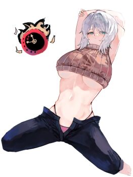 1girl blue_eyes breasts expressionless faust_(project_moon) groin limbus_company panties project_moon short_hair simple_background starhoshi tagme underboob underwear