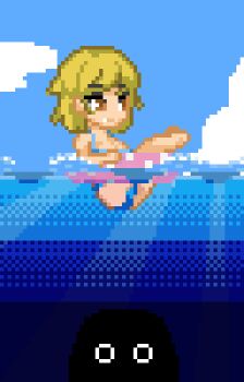 1girl animated animated_gif bikini bikini_bottom_aside blonde_hair brown_eyes clothing_aside cum cum_in_pussy cum_overflow dithering ejaculation innertube internal_cumshot monster ocean original partially_submerged penis pixel_art pussy sex skirt swim_ring swimsuit testest vaginal water