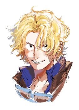 Rule 34 | 1boy, ame ekai, blonde hair, blue shirt, commentary request, goggles, goggles around neck, highres, male focus, one piece, portrait, sabo (one piece), scar, scar on face, shirt, short hair, simple background, smile, solo, white background