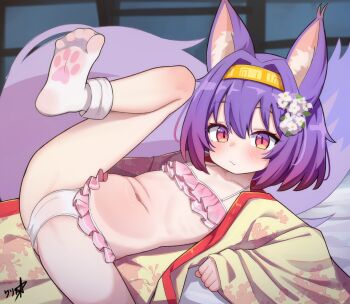 1girl animal_ear_fluff animal_ears boppin fox_ears fox_girl fox_tail hairband hatsuse_izuna highres japanese_clothes kimono loli lying navel no_game_no_life open_clothes open_kimono purple_hair socks soles solo tail white_socks