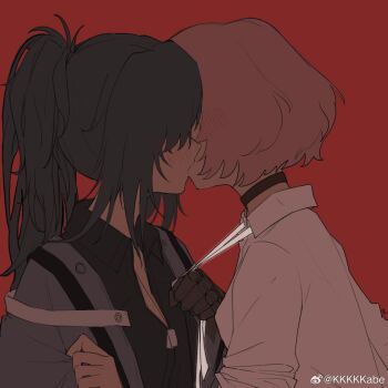 2girls abi_(kabe) angelia_(girls'_frontline) black_choker black_shirt blue_hair breasts choker female_commander_(girls'_frontline) girls'_frontline highres kiss multiple_girls red_background shirt white_shirt yuri