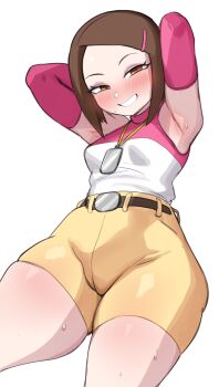0lightsource 1girl armpit_focus armpits arms_behind_head bare_shoulders blush brown_eyes brown_hair cowboy_shot digimon digimon_adventure_02 highres parted_lips pink_shirt shirt short_hair shorts simple_background smile solo sweat thick_thighs thighs two-tone_shirt white_background white_shirt wide_hips yagami_hikari yellow_shorts
