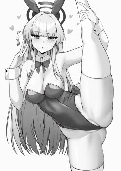1girl absurdres animal_ears armpits ass blue_archive bow bowtie breasts cleavage commentary_request detached_collar earrings fake_animal_ears fake_tail greyscale hairband halo headset heart highleg highleg_leotard highres jewelry large_breasts leotard long_hair looking_at_viewer monochrome open_mouth partially_visible_vulva playboy_bunny rabbit_ears rabbit_tail simple_background solo split standing standing_on_one_leg standing_split strapless strapless_leotard stud_earrings tail thighhighs toki_(blue_archive) toki_(bunny)_(blue_archive) translation_request tsurime v very_long_hair viet_(yomi0556) white_background wrist_cuffs