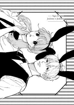 Rule 34 | 1boy, 1girl, animal ear hairband, animal ears, bow, bowtie, bright pupils, chapter cover, chapter number, closed mouth, collared shirt, commentary request, fake animal ears, hair between eyes, hair over shoulder, hairband, hands up, highres, itose yuki, itsuomi nagi, light blush, long bangs, long hair, looking at viewer, matching outfits, monochrome, morisita suu, necktie, official art, official artist extra, own hands together, parted lips, rabbit ear hairband, rabbit ears, second-party source, shirt, short hair, short sleeves, simple background, sweater vest, twintails, upper body, wing collar, yubisaki to renren