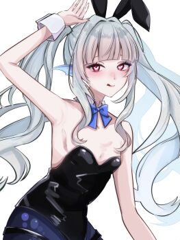1girl absurdres animal_ear_hairband animal_ears arm_up armpits bare_shoulders black_leotard black_tail blue_ribbon blunt_bangs blush bow bowtie breasts butterfly-shaped_pupils cleavage commentary_request detached_collar fake_animal_ears fins hairband head_fins highres leotard lilyfff lilyfff5252 long_hair long_sidelocks mermaid monster_girl nontraditional_playboy_bunny original playboy_bunny presenting_armpit rabbit_ear_hairband rabbit_ears red_eyes ribbon sidelocks simple_background small_breasts solo strapless strapless_leotard symbol-shaped_pupils tongue tongue_out twintails virtual_youtuber white_background wrist_cuffs