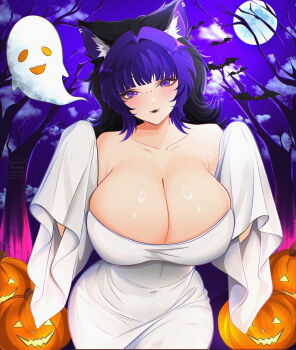 1girl animal_ear_fluff animal_ears bat black_hair black_lips breasts breasts_out bridge_piercing cat_ears face_piercing ghost ghost_costume ghost_girl ghost_pose goth_fashion halloween large_breasts looking_at_viewer makeup moon mouth_piercing nicoenvt night nyxreiju piercing plump pumpkin purple_eyes purple_hair short_hair smile solo solo_focus spooky tree wavy_hair