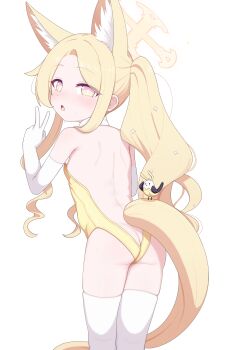1girl alternate_costume alternate_hairstyle animal_ear_fluff animal_ears ass back backless_leotard bare_back bare_shoulders blackness_(blackness661) blonde_hair blue_archive blush breasts bright_pupils elbow_gloves fox_ears fox_girl fox_tail from_behind gloves hair_ornament halo leotard loli long_hair looking_at_viewer looking_back open_mouth parted_bangs seia_(blue_archive) sidelocks simple_background small_breasts solo strapless strapless_leotard tail thighhighs twintails v white_background white_gloves white_thighhighs yellow_eyes yellow_halo