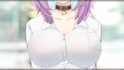 1girl :3 animated bouncing_breasts breast_focus breasts bursting_breasts cat_girl choker cleavage collarbone hato_haru hololive hololive_gamers huge_breasts jiggle nekomata_okayu no_bra popped_button purple_hair shirt solo video virtual_youtuber wardrobe_malfunction white_shirt