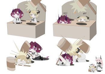1boy 2girls absurdres arknights ascalon_(arknights) ascalon_(young)_(arknights) blonde_hair bulong144 chibi chibi_only demon_girl demon_horns demon_tail dress dress_shirt hair_between_eyes hair_intakes hammer highres hitting holding holding_hammer hole horns long_hair manfred_(arknights) manfred_(young)_(arknights) medium_hair multiple_girls pink_hair pointy_ears purple_hair shirt tail theresa_(arknights) two-tone_dress white_dress white_shirt