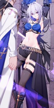 1boy 1girl armpits arms_up bandeau black_boots black_jacket black_pantyhose black_shorts blue_bandeau blue_hair boots bound breasts chinese_commentary cleavage commentary_request criss-cross_straps cropped_jacket crossed_bangs energy_sword fenrico_(wuthering_waves) galbrena_(wuthering_waves) gold_choker grey_hair groin hair_between_eyes hair_intakes highres jacket knee_boots large_variant_set mask medium_breasts medium_hair midriff multicolored_hair nami_qi navel open_clothes open_jacket pantyhose parted_lips purple_eyes restrained robe short_shorts shorts sidelocks single_leg_pantyhose single_thighhigh single_wing skindentation stab standing sword textless_version thigh_strap thighhighs variant_set waist_cape weapon white_hair white_robe wings wuthering_waves