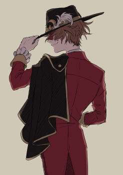 1boy absurdres black_capelet black_hat brown_hair burn_scar capelet coat covered_eyes cowboy_shot fedora frilled_sleeves frills from_behind hanakiri22 hand_on_headwear hand_on_own_hip hat hat_feather hat_tip highres identity_v long_sleeves male_focus mask norton_campbell norton_campbell_(ronald_of_nice) official_alternate_costume pants parted_bangs profile red_coat red_pants scar shirt short_hair side_cape simple_background sleeve_cuffs smile solo tailcoat white_shirt yellow_background