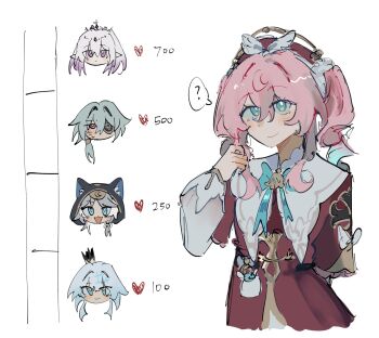 1boy 4girls ? anaxa_(honkai:_star_rail) animal_ears blue_eyes blue_hair castorice_(honkai:_star_rail) cat_ears cerydra_(honkai:_star_rail) cipher_(honkai:_star_rail) closed_mouth commentary crown dress english_commentary eyepatch green_hair grey_hair hand_in_own_hair highres honkai:_star_rail honkai_(series) hyacine_(honkai:_star_rail) kiss_meter_(meme) meme mini_crown multiple_girls nsuntens pink_hair pointy_ears purple_eyes purple_hair red_dress red_eyes simple_background smile spoken_question_mark twintails white_background