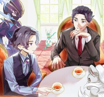 Rule 34 | 2boys, amethio (pokemon), black hair, blue eyes, ceruledge, cervantis (pokemon), chair, cinccino, collared shirt, commentary request, copituji, cup, curtains, gen 5 pokemon, gen 6 pokemon, grin, highres, holding, holding cup, indoors, jacket, jewelry, legendary pokemon, long sleeves, male focus, multiple boys, necktie, nintendo, pokemon, pokemon (anime), pokemon (creature), pokemon horizons, purple eyes, red necktie, ring, saucer, shirt, sitting, smile, table, teacup, teeth, tie clip, vest, white shirt, window, zygarde, zygarde (10)