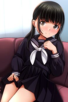 1girl absurdres black_hair black_serafuku black_skirt blush commentary highres long_hair long_sleeves looking_at_viewer matsunaga_kouyou neckerchief original pleated_skirt sailor_collar school_uniform serafuku skirt smile solo twintails white_neckerchief