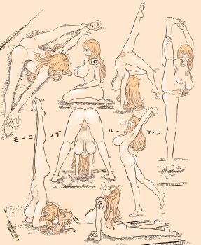 1girl absurdres anus armpits ass breasts closed_eyes completely_nude curvy feet flexible flexing full_body graphite_(medium) hanging_breasts hato_hato_hato highres large_breasts leg_up lineart long_hair nami_(one_piece) nude one_piece orange_hair sagging_breasts solo split spread_legs stretching thighs traditional_media wide_hips wide_spread_legs yoga