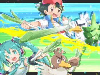 1boy 1girl aqua_eyes aqua_hair aqua_nails aqua_necktie ash_ketchum backwards_hat baseball_cap black_hair blue_vest bright_pupils brown_eyes clenched_hand closed_mouth collared_shirt commentary_request crossover detached_sleeves drop_shadow farfetch'd fingernails food gen_1_pokemon gen_8_pokemon grey_shirt hat hatsune_miku holding holding_food holding_shield holding_spring_onion holding_vegetable holding_weapon long_hair miu_(chuyu825) nail_polish necktie nintendo open_clothes open_mouth open_vest outline pokemon pokemon_(anime) pokemon_(creature) pokemon_journeys red_eyes red_hat shield shirt short_hair short_sleeves sirfetch'd smile spring_onion teeth twintails upper_teeth_only v-shaped_eyebrows vegetable vest vocaloid weapon white_outline white_pupils white_shirt