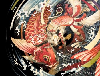 animal animal_focus artist_name black_background bracer carp clothed_animal commentary_request crescent fine_art_parody fish fox holding holding_knife kitsune knife knife_in_mouth koi multiple_tails nihonga no_humans open_mouth original painting_(medium) parody red_eyes red_scales scales shikitori_(ichi) surreal tail tassel traditional_media two_tails ukiyo-e water watercolor_(medium) waves whiskers yellow_eyes