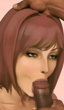 1girl :&gt;= absurdres ai-assisted censored dark_penis fellatio green_eyes hand_on_another&#039;s_head head_grab highres interracial ish33r large_penis mosaic_censoring nel_zelpher oral penis red_hair short_hair star_ocean star_ocean:_till_the_end_of_time