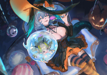 &gt;_&lt; 2girls absurdres alternate_costume aqua_feathers aqua_wings arknights breasts candy cleavage closed_eyes commentary food halloween halloween_costume hat head_wings highres ho&#039;olheyak_(arknights) holding holding_candy holding_food holding_lollipop jack-o&#039;-lantern lollipop long_tail looking_at_viewer mole mole_under_eye muelsyse_(arknights) multiple_girls open_mouth smile snake_girl snake_tail swirl_lollipop tail tongue tongue_out two-tone_feathers two-tone_wings uof wings witch_hat