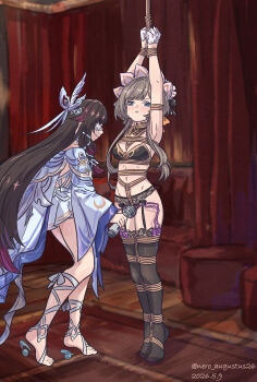 2girls absurdres arms_up bdsm black_bra black_hair black_panties black_thighhighs blue_eyes bondage bound bound_ankles bound_arms bound_legs bound_thighs bound_torso bound_wrists bra brown_hair closed_eyes columbina_(genshin_impact) commentary_request dress egg_vibrator eye_mask garter_straps genshin_impact gloves hair_ornament half_gloves head_wings highres hitachi_magic_wand holding holding_sex_toy lingerie long_hair mask midriff multicolored_hair multiple_girls nero_augustus panties restrained rope sandrone_(genshin_impact) see-through_clothes see-through_mask sex_toy shibari shibari_over_clothes short_dress short_hair_with_long_locks thighhighs underwear underwear_only very_long_hair vibrator white_gloves white_headdress white_mask white_wings wing_hair_ornament wings yuri