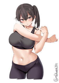 1girl alternate_costume black_sports_bra blush breasts breath brown_eyes brown_hair cowboy_shot cropped_legs cross-body_stretch ebifurya exercising hair_between_eyes highres kaga_(kancolle) kantai_collection large_breasts long_hair looking_at_viewer navel one-hour_drawing_challenge pants side_ponytail simple_background solo sports_bra sportswear stretching sweat twitter_username white_background yoga_pants