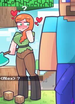 1boy 1girl ? alex_(minecraft) aqua_shirt axe belt black_boots block_(minecraft) block_(object) blue_eyes blue_pants blue_sky blurry blurry_foreground blush boots box_body breasts brown_hair brown_pants bulge cloud commentary dialogue_box english_commentary facial_hair grass green_eyes green_shirt hand_up heart holding holding_own_hair holding_pickaxe kozatchu large_breasts large_bulge large_penis long_hair looking_at_another minecraft minecraft_(style) minecraft_axe orange_hair outdoors pants penis pickaxe shirt short_hair short_sleeves sideways_glance sky standing steve_(minecraft) sweat tree weapon