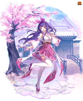 1girl absurdres arch_bridge architecture artist_request ayanokouji_kanna bad_source blue_sky blush breasts bridge brown_sandals cherry_blossoms day detached_sleeves dot_nose earrings east_asian_architecture floating_hair flower_knot folded_fan folding_fan frilled_hakama frilled_skirt frills full_body grass hairband hakama hakama_skirt hand_fan highres holding holding_fan japanese_clothes jewelry kimono leg_up long_hair long_sidelocks long_sleeves looking_at_viewer maplestory maplestory_m medium_breasts miniskirt nexon obi obiage obidome obijime official_art okobo open_mouth outdoors pink_hakama pink_skirt platform_sandals purple_eyes purple_hair purple_hairband purple_sash red_ribbon ribbon ribbon-trimmed_sleeves ribbon-trimmed_thighhighs ribbon_trim sandals sash second-party_source sidelocks skirt sky sleeve_ribbon sleeveless sleeveless_kimono solo standing standing_on_one_leg straight_hair tassel teeth thighhighs tree upper_teeth_only very_long_hair white_kimono white_sleeves white_thighhighs wide_sleeves