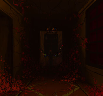 Rule 34 | 1girl, arms at sides, blonde hair, ceiling, crystal, dark, flandre scarlet, gloves, glowing, glowing crystal, glowing eyes, glowing wings, hallway, highres, horror (theme), index finger raised, indoors, leaf, long hair, looking at viewer, nude, red eyes, sendai (nazonomono), silhouette, solo, spread wings, standing, touhou, window, wings, wooden floor