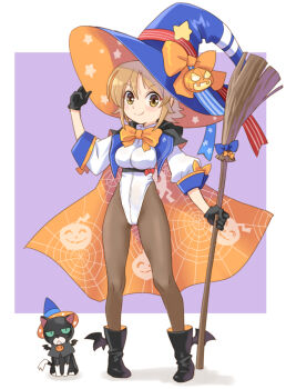 1girl black_cape black_gloves black_pantyhose blue_hat boots bow breasts broom brown_eyes brown_hair cape car full_body gloves halloween_costume hat highleg highleg_leotard highres kantai_collection katahira_masashi leotard looking_at_viewer motor_vehicle orange_bow orange_cape pantyhose purple_background richard_p._leary_(halloween)_(kancolle) richard_p._leary_(kancolle) richard_p._leary_kai_(kancolle) short_hair sleeved_leotard two-sided_cape two-sided_fabric unsinkable_sam white_background witch_hat