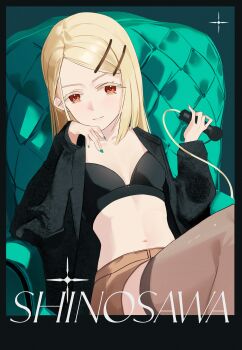 1girl absurdres armchair black_border black_bra black_jacket blonde_hair border bra brown_shorts chair character_name collarbone colored_eyelashes elbow_rest feet_out_of_frame flat_chest flipped_hair gakuen_idolmaster hair_ornament hairclip head_on_hand highres holding holding_microphone idolmaster jacket long_hair microphone nail_polish navel no_shirt on_chair open_clothes open_jacket orange_eyes parallel_hairclips shinosawa_hiro shorts sitting solo stomach thighhighs underwear zennyxd