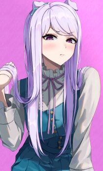 1girl absurdres animal_ears azuki_(azuki_azukki) blue_dress blush breasts closed_mouth dress ears_down hand_in_own_hair highres horse_ears horse_girl large_breasts long_hair long_sleeves looking_at_viewer mejiro_mcqueen_(umamusume) neck_ribbon pinafore_dress purple_eyes purple_hair purple_ribbon ribbon shirt sleeveless sleeveless_dress solo swept_bangs umamusume upper_body v-shaped_eyebrows white_shirt