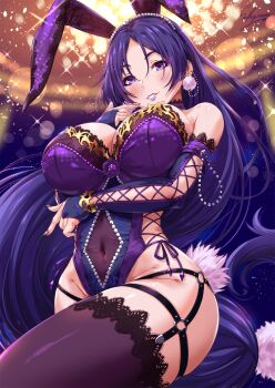 1girl animal_ears arm_cutout arm_under_breasts bare_shoulders blurry blurry_background blush bow bowtie breasts bridal_gauntlets choker cleavage clothing_cutout commentary_request covered_navel detached_collar fake_animal_ears fate/grand_order fate_(series) female_focus finger_to_face garter_straps glitter gloves gold groin highres huge_breasts lace lace-trimmed_gloves lace-trimmed_legwear lace_choker lace_trim large_breasts leotard long_hair looking_at_viewer minamoto_no_raikou_(fate) nail_polish o-ring parted_bangs parted_lips playboy_bunny purple_eyes purple_gloves purple_hair purple_lips purple_nails purple_thighhighs rabbit_ears rabbit_tail sakiyamama shiny_skin sidelocks signature skindentation smile solo sparkle studded tail taut_clothes taut_leotard thighhighs thighs very_long_hair wrist_cuffs