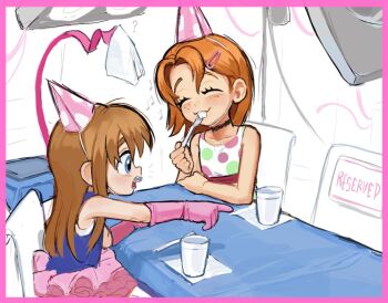 1boy 2girls 482egg ? animate_object black_choker blue_eyes blue_tank_top braces brown_hair buck_teeth camisole chair child choker closed_eyes commentary cup english_commentary fork freckles gloves hair_ornament hairclip handkerchief hat holding holding_fork holding_handkerchief howie_(482egg) multiple_girls musical_note napkin on_chair open_mouth orange_hair original party_hat pink_gloves pink_ribbon polka_dot_camisole ribbon sawyer_(482egg) short_hair table tank_top teagan_(482egg) teeth tutu