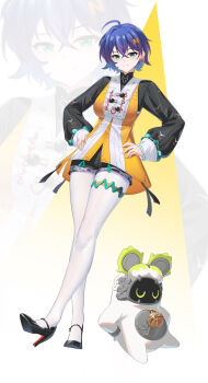 1girl absurdres ahoge bangboo_(zenless_zone_zero) belion_(zenless_zone_zero) belle_(delicate_sunlight)_(zenless_zone_zero) belle_(zenless_zone_zero) black_dress black_shoes breasts chinese_clothes commentary_request crossed_bangs dress dress_over_shirt full_body green_eyes hair_between_eyes hair_ornament hand_on_own_hip high_heels highres kafeifeifeifeifeifei_jiemo_jun large_breasts letter_hair_ornament long_sleeves looking_at_viewer official_alternate_costume pantyhose shoes short_hair solo standing two-tone_dress white_background white_pantyhose zenless_zone_zero zoom_layer