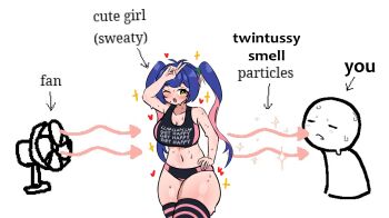 1girl 1other blue_hair blush breasts commentary curvy english_commentary english_text fang girlsmell_particles_(meme) hand_on_own_hip heart highres large_breasts long_hair meme mia_miau_(mimi) mimiky0u multicolored_hair navel one_eye_closed open_mouth original plap_plap_plap_get_pregnant_(meme) simple_background smell smelling sparkling_sweat sports_bra sportswear stomach sweat thick_thighs thighhighs thighs twintails v white_background